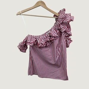 Petersyn One Shoulder Ruffle Blouse Size Small Red White Striped Preppy Nautical
